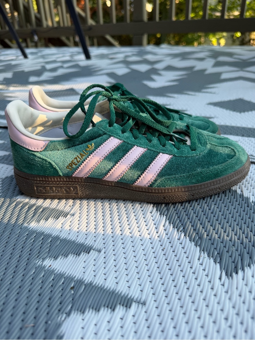 adidas womens Gazelle Suede Sneakers. Green with Pink Stripes